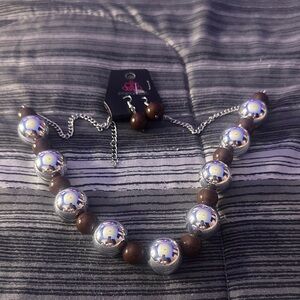 Silver and Brown Beaded Necklace and Earring Set
